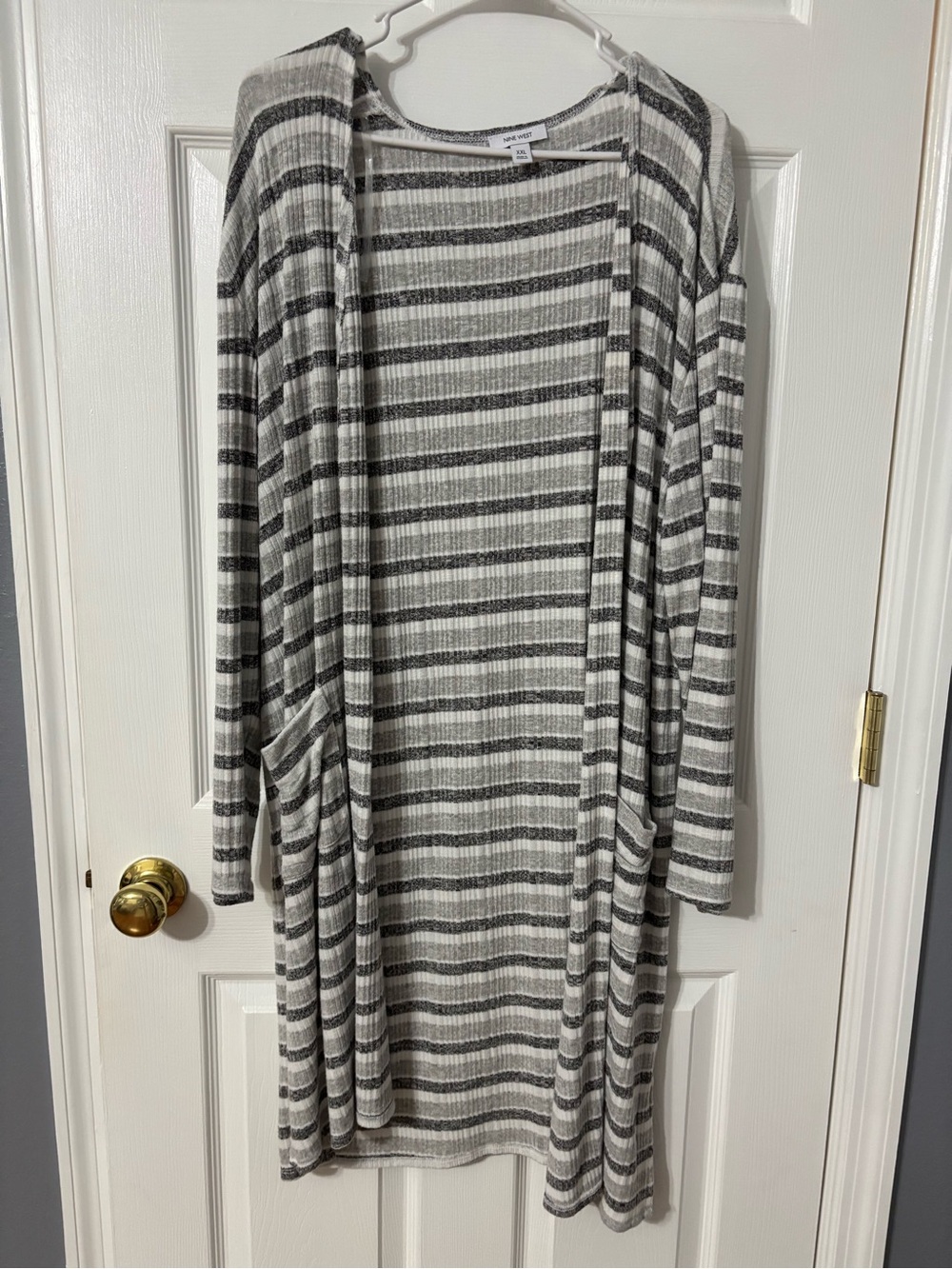Striped Open Front Long Cardigan - Gray & White